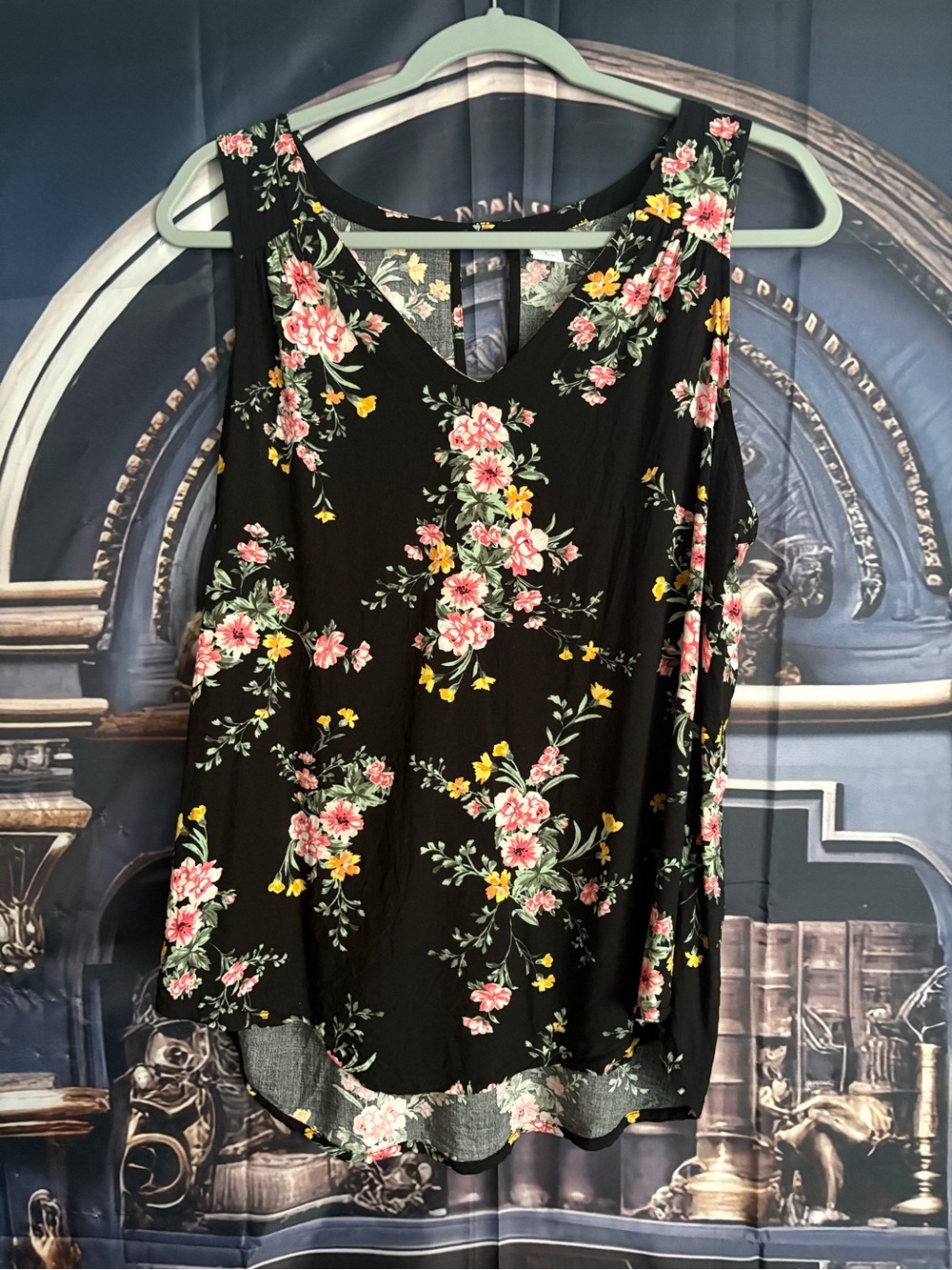 Old Navy Black Floral V-Neck Top with Pink and Yellow Flowers